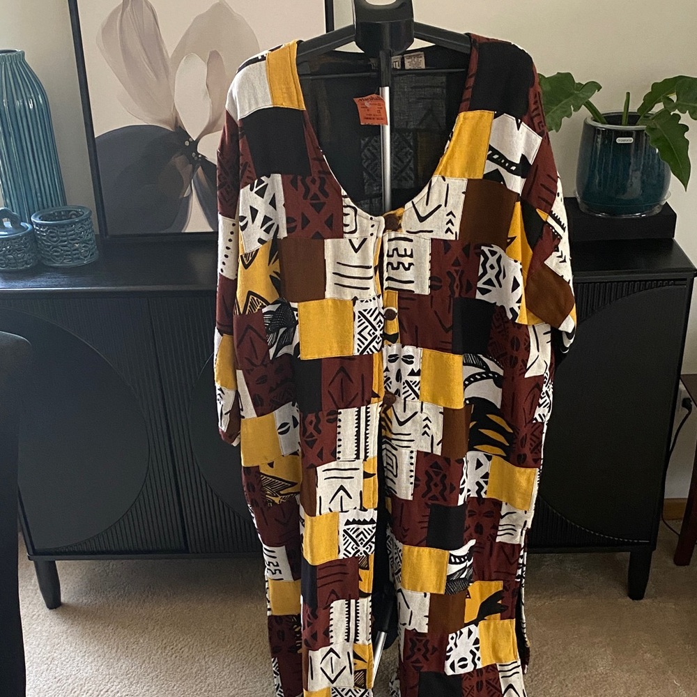Vintage 90’s Colorful Kente Cloth Patterned Patchwork Long Sleeve Duster